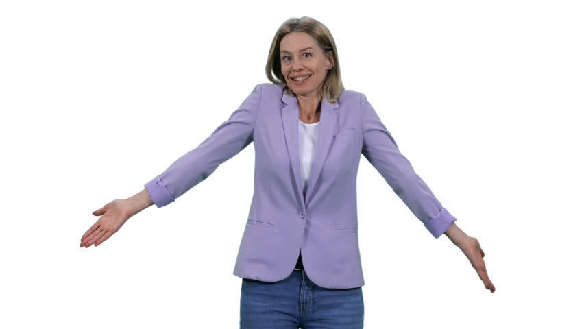 Stilysh middle aged woman spreads her arms in bewilderment while standing, Front view, Full HD footage with alpha transparency channel isolated on white background 