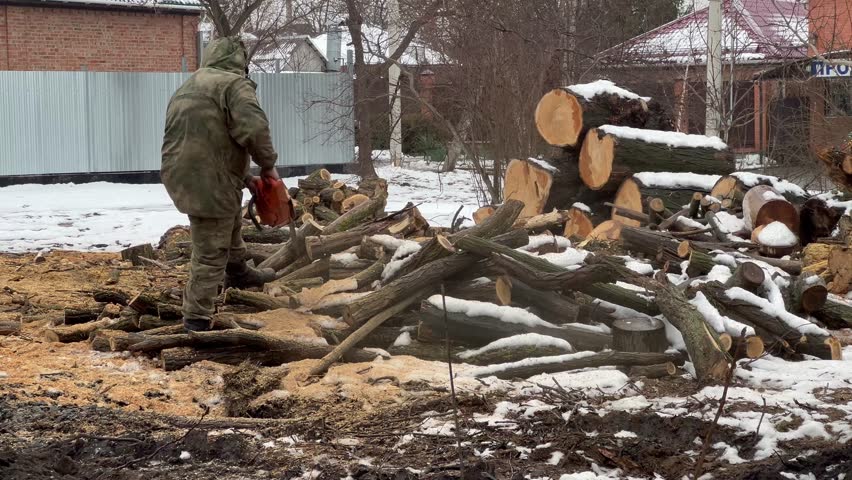 Man in winter clothing cutting firewood with a chainsaw in a snowy yard. Logs and wood piles nearby. Suitable for rural life, manual labor, and winter preparation themes