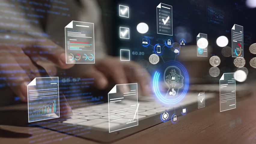 Document management concepts with artificial intelligence.  businesswoman reviews electronic documents on digital documents on a virtual screen. Document management systems and automation processes."