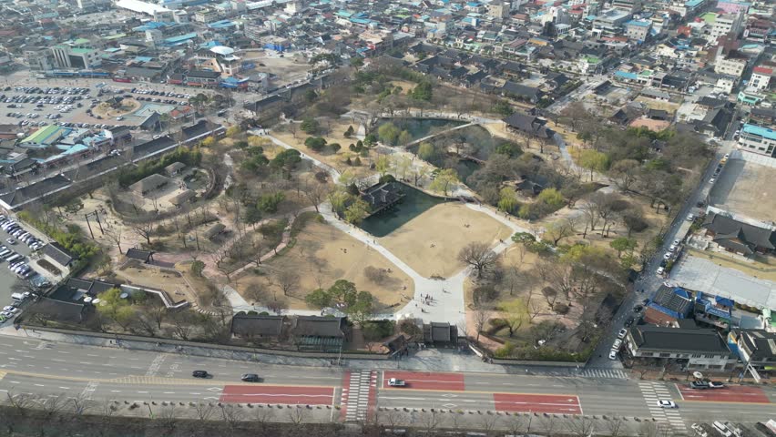 Aerial view of Gwanghanruwon Garden with traditional Korean pavilions and landscaped grounds (Namwon, South Korea ‐ March 2025)