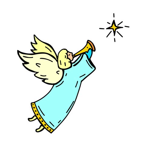  angel with golden wings, playing a trumpet and surrounded by a glowing star 