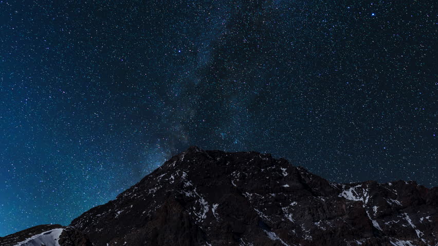 Beautiful night sky  time lapse with Milky Way galaxy over the mountains. Night tight landscape starry sky. 