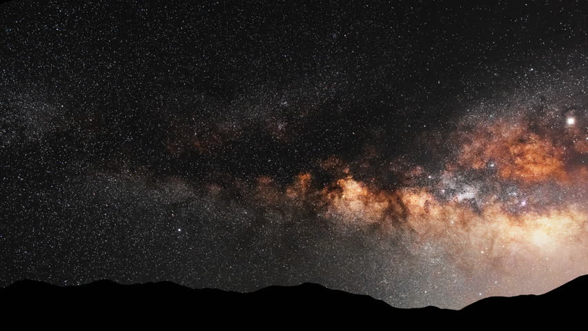 Beautiful night sky  time lapse with Milky Way galaxy over the mountains. Night tight landscape starry sky. 