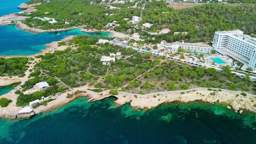 Cala Gracio and Calo el Moro beach on Ibiza island, Spain, aerial views