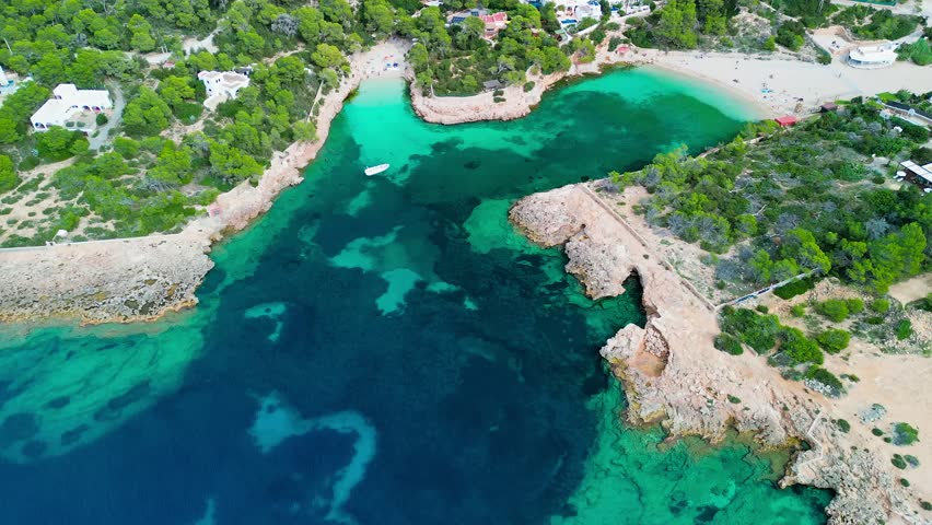 Cala Gracio and Calo el Moro beach on Ibiza island, Spain, aerial views