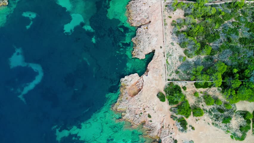 Cala Gracio and Calo el Moro beach on Ibiza island, Spain, aerial views