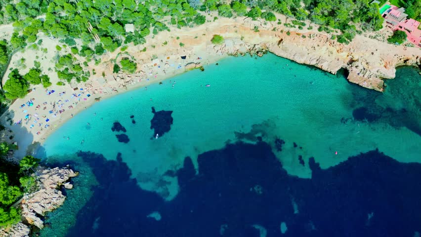 Aerial drone view of Cala Saladeta, Ibiza islands, Spain