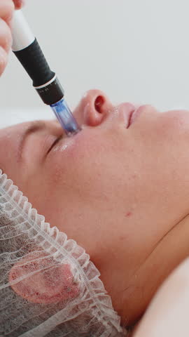 Peeling, woman health care, skin regeneration, dermapen microneedling, dermastamp. Beautician cosmetologist doing cheek face procedure fractional microneedle clinic mesotherapy. Facial rejuvenation