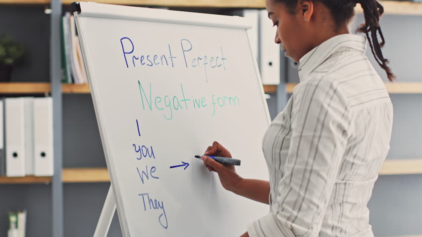 An African American woman stands at a whiteboard, teaching present perfect tense. She writes the negative form while engaged with her students in an online learning environment.