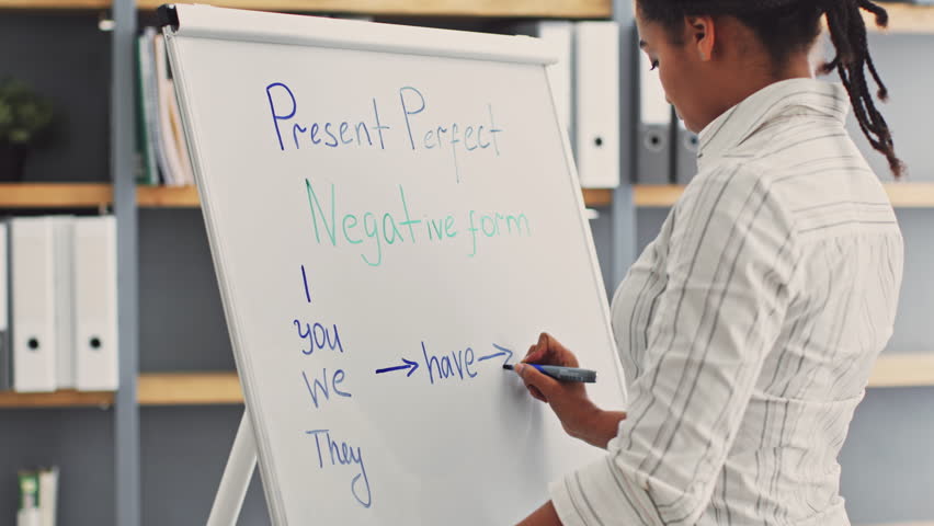 An African American woman stands at a whiteboard, teaching present perfect tense. She writes the negative form while engaged with her students in an online learning environment.