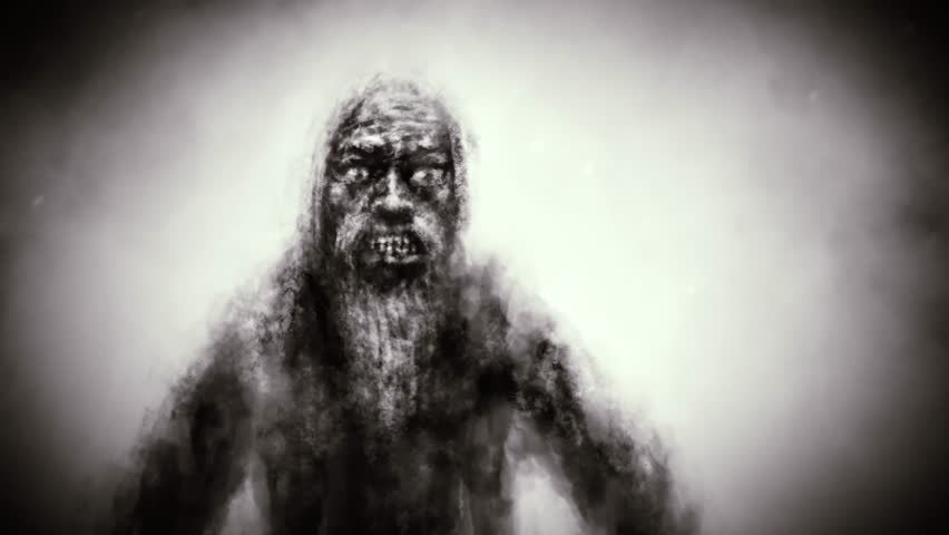 Gloomy characters in the fog. 2D animation in horror fantasy genre. Dark place with fog and strange people. Cinematic background effect.