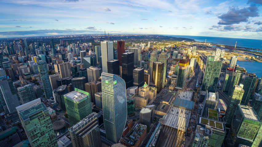 Toronto, Ontario, Canada downtown cityscape time lapse from above.