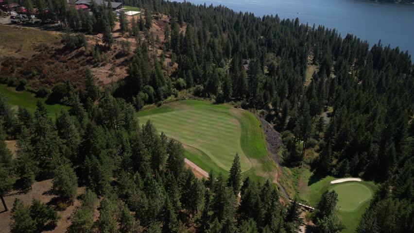 Aerial of golf course on Lake Coeur Dalene in northern Idaho in summer