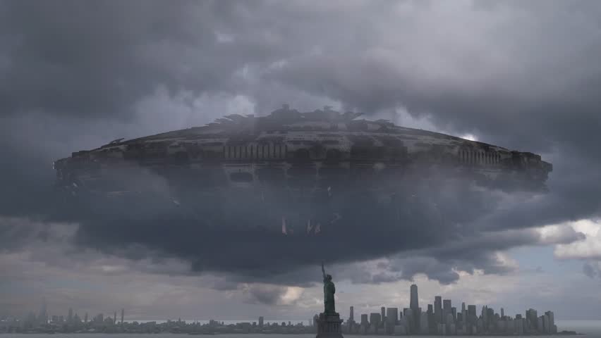 Alien Invasion Over New York

An alien spaceship hovers ominously above the Statue of Liberty with a dark, stormy sky and the skyline of New York in the distance.

