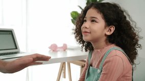 Caucasian dad talking to young daughter about studying online in family day. Schoolgirl smiling while learning and listening father explaining about programing system at table with laptop. Pedagogy. - Powered by Shutterstock - Get 15% off with code: PIKWIZARD15