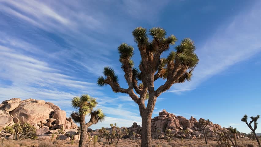 Push in towards two Joshua Trees in Joshua Tree National Park near Palm Springs, CA. Taken at sunset with big blue skies and little cloud coverage.