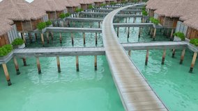 Aerial view of overwater bungalows over turquoise lagoon, Maldives. Aerial drone at low altitude - Powered by Shutterstock - Get 15% off with code: PIKWIZARD15