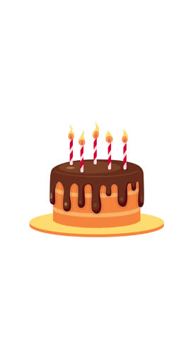 Chocolate birthday cake with five lit candles 2D cartoon object vertical animation. Party food festive candlelight. Bday celebration dessert animated flat colorful item 4K video isolated on white