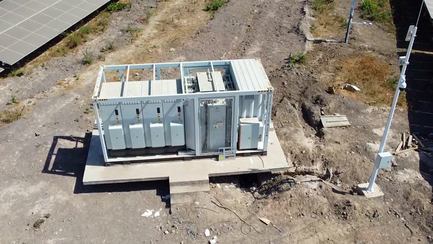 Outdoor aerial descending closeup view of installed containerized solar farm electrical inverter station with transformer