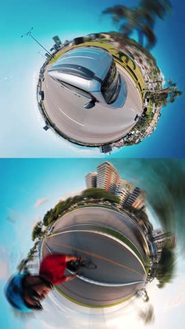 Set of hyperlapses of a man cycling in a city along the bicycle path and car moving on a road in a form of a little planet