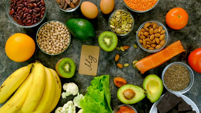 different foods containing potassium. Selective focus.