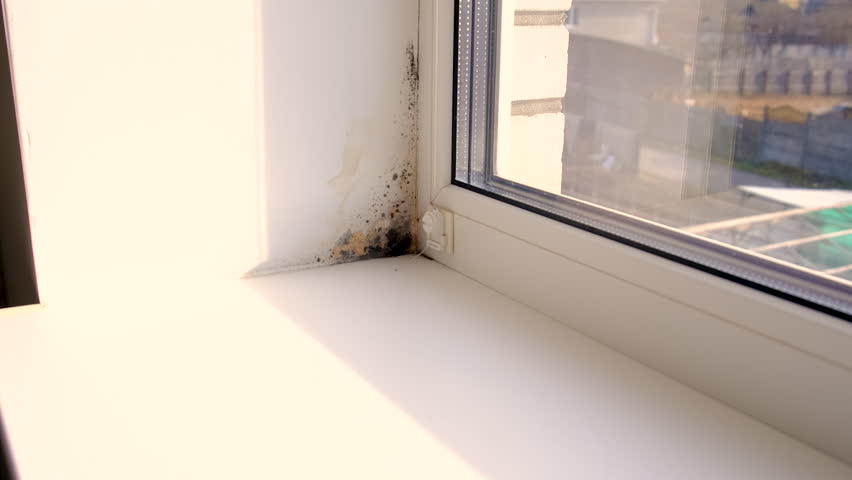 The mold swallowed the slope on the window. Selective focus.