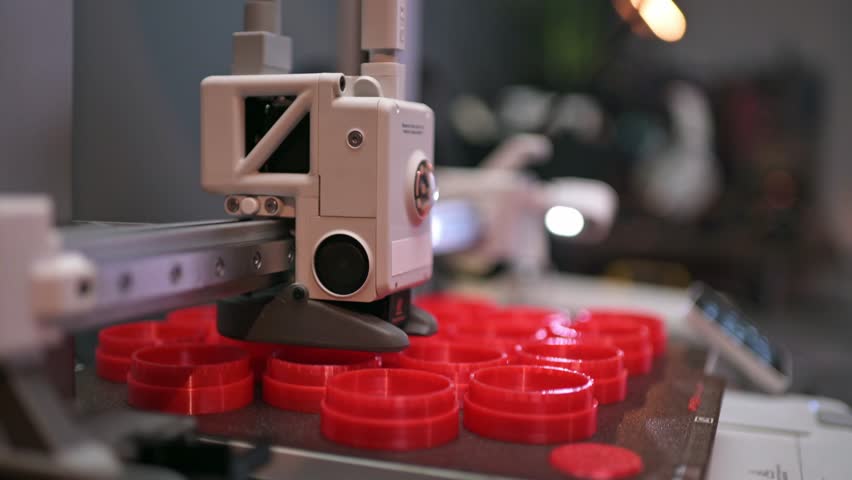 3D printer prints an object. The process of printing model on 3D printer. Model printed on 3D printer from molten plastic. 3D printing technologies. Additive progressive new modern printing technology