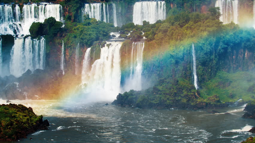Iguazu waterfall with rainbow as seen from Brazilian side.