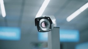 Advanced Airport Security System: Close Up of Surveillance Camera with AI Recognition Technology. Professional Innovative CCTV System in Modern Airport Terminal. Big Data Analyzing 3D Visual Effects. - Powered by Shutterstock - Get 15% off with code: PIKWIZARD15