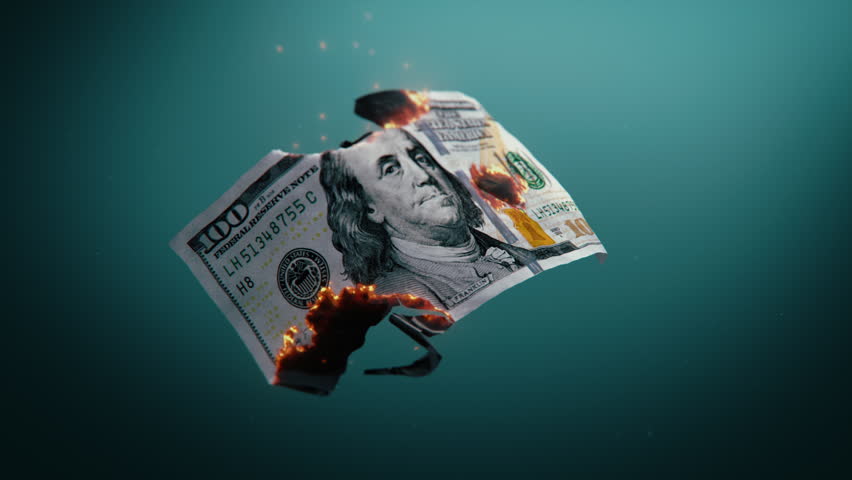 3D Animation of Burning One Hundred Dollar Banknote. Visualization of Economic Collapse, Inflation and Devaluation of Currency. Symbol of Financial Crisis or Stock Market Instability. Visual Effects.