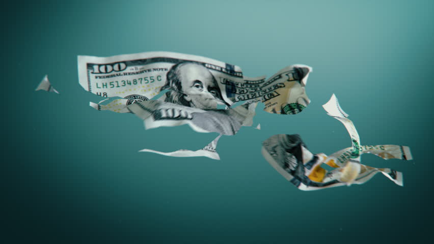 3D Graphics of One Hundred Dollar Bill Torn Into Pieces. Visualization of Economic Crisis, Inflation and Devaluation of Currency. Symbol of Financial Instability. Loss of Paper Money. Visual Effects.