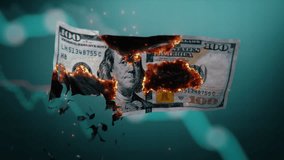 3D Animation of Burning Hundred Dollar Banknote and Diagrams. Visualization of Economic Collapse, Inflation and Devaluation of Currency. Financial Crisis or Stock Market Instability. Visual Effects. - Powered by Shutterstock - Get 15% off with code: PIKWIZARD15