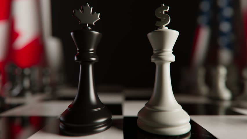 3D Animation of Chess Board with Canada and American National Flags in Background. Visualization of Government Policy or Conflict Between Canada and United States. Diplomatic Relations of Countries.