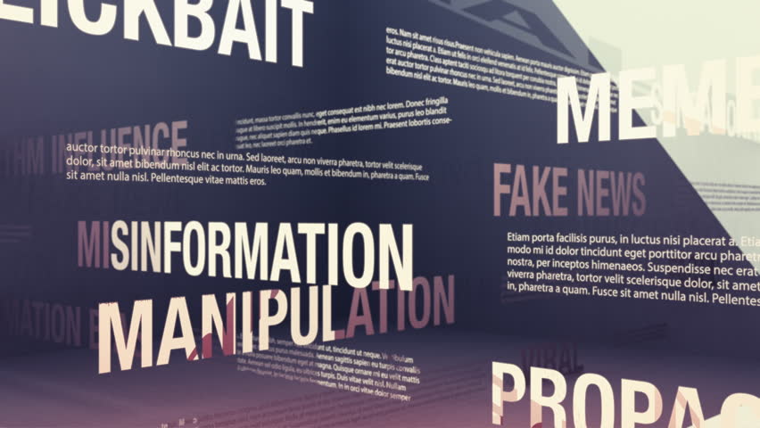 Fake news and misinformation related terms and concepts. 2025 and beyond updated version. Seamlessly looping animation.