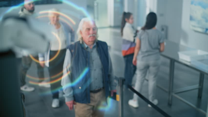 Airport Security Checkpoint: Queue of Diverse People Passing Passport Border Control for Boarding Flight. CCTV Camera with 3D Visual Effects of Advanced AI Scanning Technology or Big Data Analyzing.
