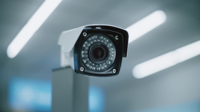 Advanced Airport Security System: Close Up of Big Data Analyzing CCTV Camera with AI Recognition Technology. Professional Futuristic Surveillance System in Modern Airport Terminal. 3D VFX Animation.