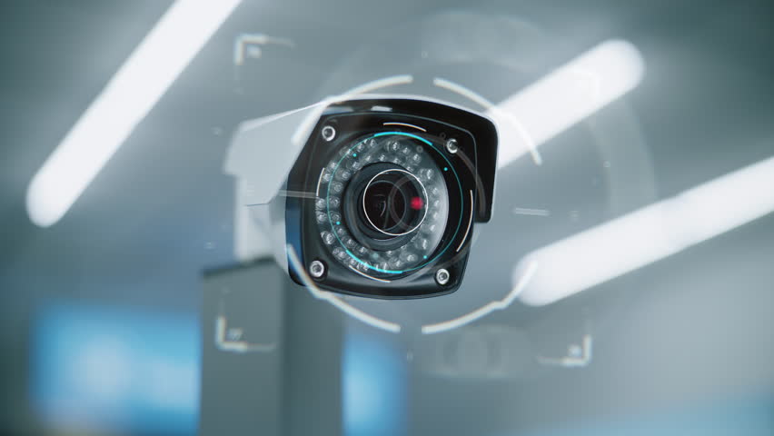 Advanced Airport Security System: Close Up of Big Data Analyzing CCTV Camera with AI Recognition Technology. Professional Futuristic Surveillance System in Modern Airport Terminal. 3D VFX Animation.
