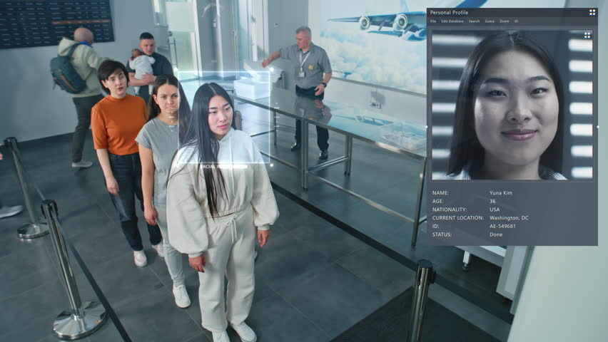 Airport Security Checkpoint: Queue of Multiethnic People Passing Biometric Facial Recognition at Passport Control. Advanced AI AI Big Data Scanning Technology. Passengers Screening for Boarding Flight - Powered by Shutterstock - Get 15% off with code: PIKWIZARD15