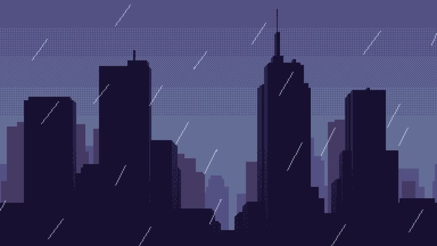 Lightning strikes and rain over city silhouette, pixel art animation. Seamless loop animated video of cityscape in rainy weather. Retro video game style.