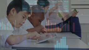 In school, children using tablets with animation of data charts on screen. Education, technology, classroom, digital, learning, interactive - Powered by Shutterstock - Get 15% off with code: PIKWIZARD15