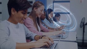 Students using laptops with digital interface and data processing animation overlay. Technology, education, e-learning, innovation, collaboration, screen - Powered by Shutterstock - Get 15% off with code: PIKWIZARD15