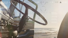 Animation of digital data graphics overlaying sunglasses on car dashboard interior. Technology, innovation, automotive, futuristic, display, information - Powered by Shutterstock - Get 15% off with code: PIKWIZARD15