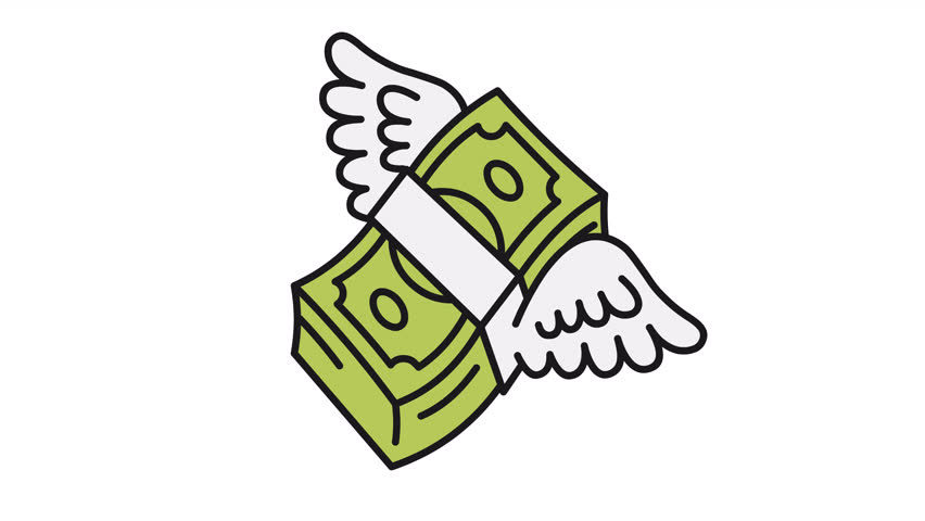 Pack of money with wings in color. Transparent background. Frame by frame animation. Looped animation