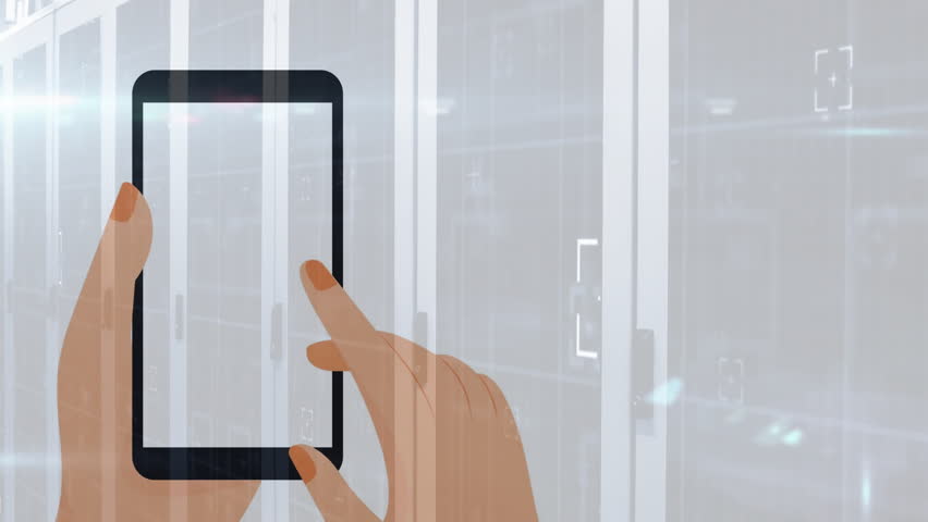 Interacting with smartphone chat app, hands in server room with animation. Technology, innovation, communication, networking, digital, cybersecurity - Powered by Shutterstock - Get 15% off with code: PIKWIZARD15