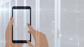 Interacting with smartphone chat app, hands in server room with animation. Technology, innovation, communication, networking, digital, cybersecurity - Powered by Shutterstock - Get 15% off with code: PIKWIZARD15