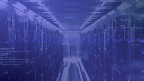 Data processing animation over futuristic server room with blue lighting. Technology, networking, infrastructure, digital, information, cyber - Powered by Shutterstock - Get 15% off with code: PIKWIZARD15