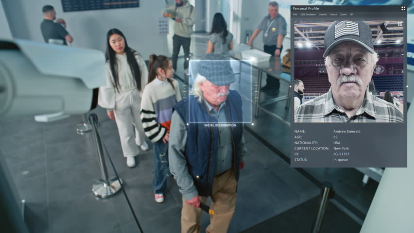 Airport Security Checkpoint: Surveillance Camera with Big Data AI Scanning Technology. Queue of Diverse People Passing Biometric Facial Recognition at Passport Border Control for Boarding Flight.