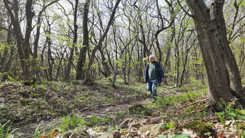 Aging man enjoying healthy Springtime nature walk in forest woodland