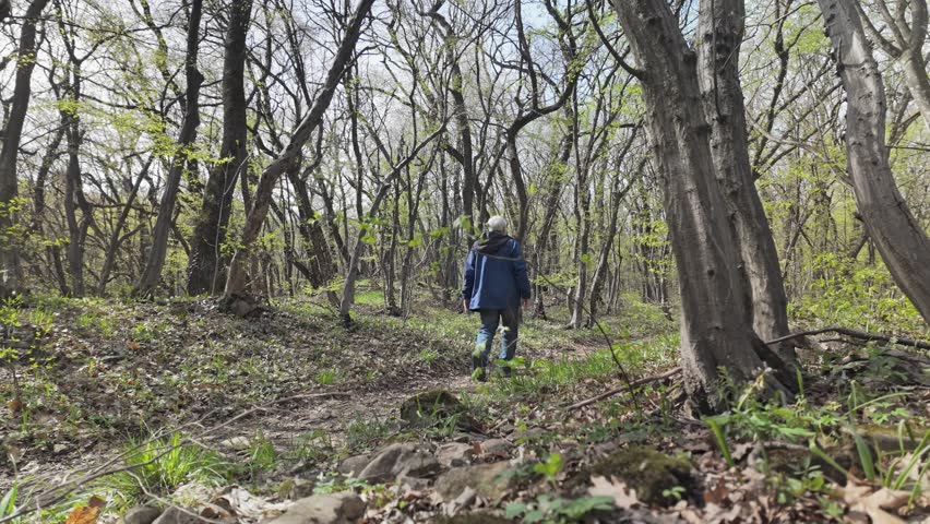 Older Nature lover stops to hear springtime birdsong on woodland walk