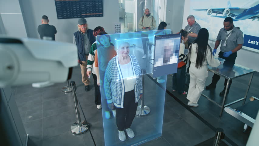 Airport Checkpoint: Queue of Diverse People Passing Biometric AI Face Scanning at Border Control. Security Camera with Advanced Facial Recognition Technology. Passengers Screening for Boarding Flight.